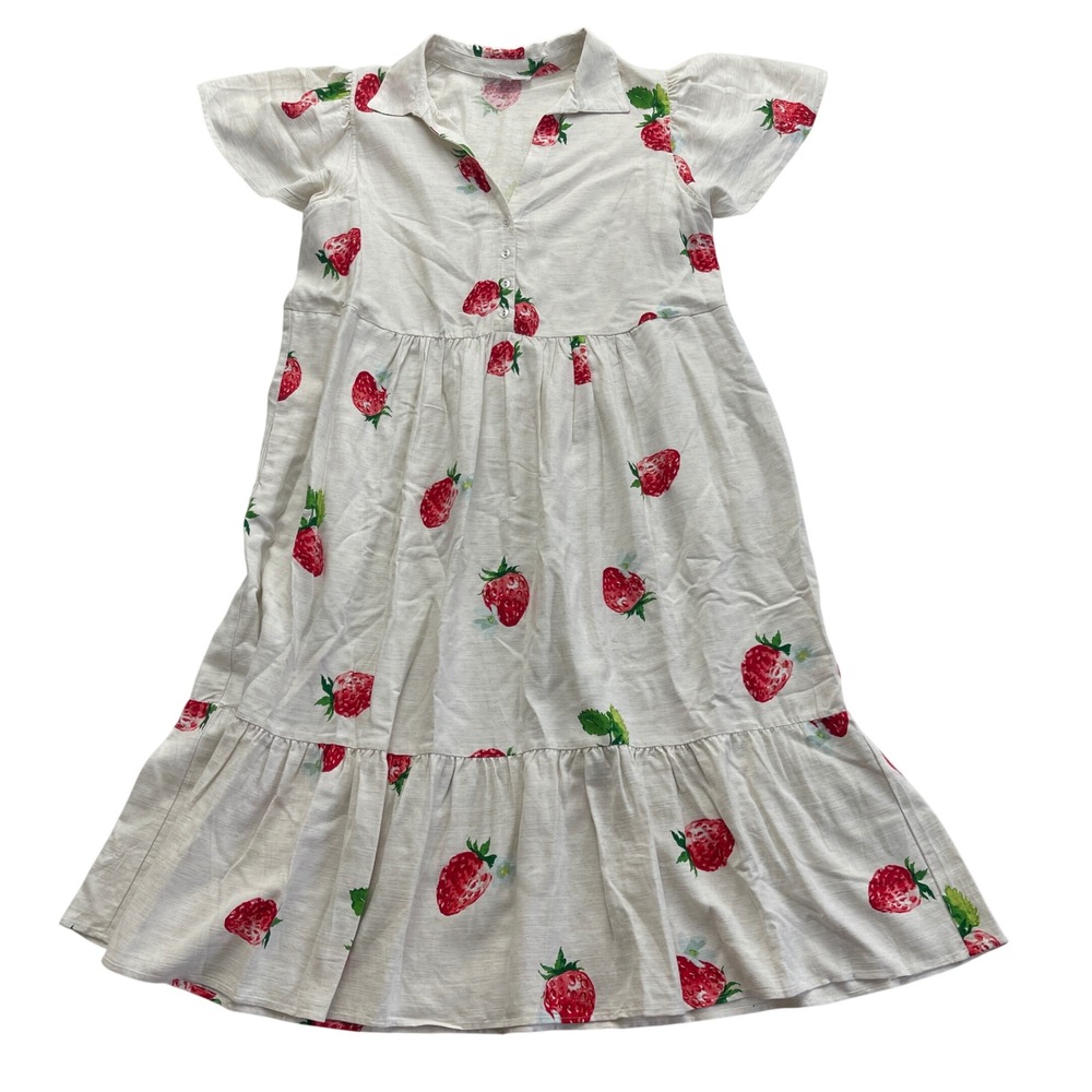 Anthropologie Jane + Delancey Linen Midi Dress 1X Strawberry Tiered Cottagecore